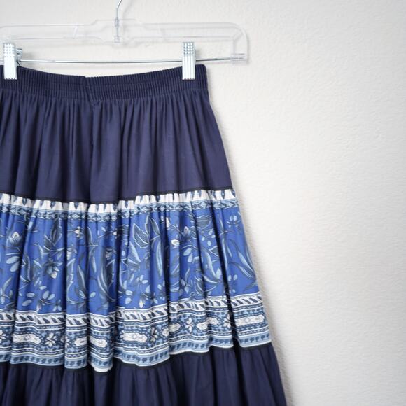 [Vintage] Atelier Provencal Blue Floral Striped Tiered Full Maxi Skirt Sz Medium - Picture 6 of 10